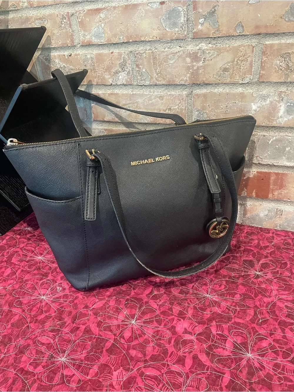 Michael Kors Black Leather Tote with Gold Logo Charm